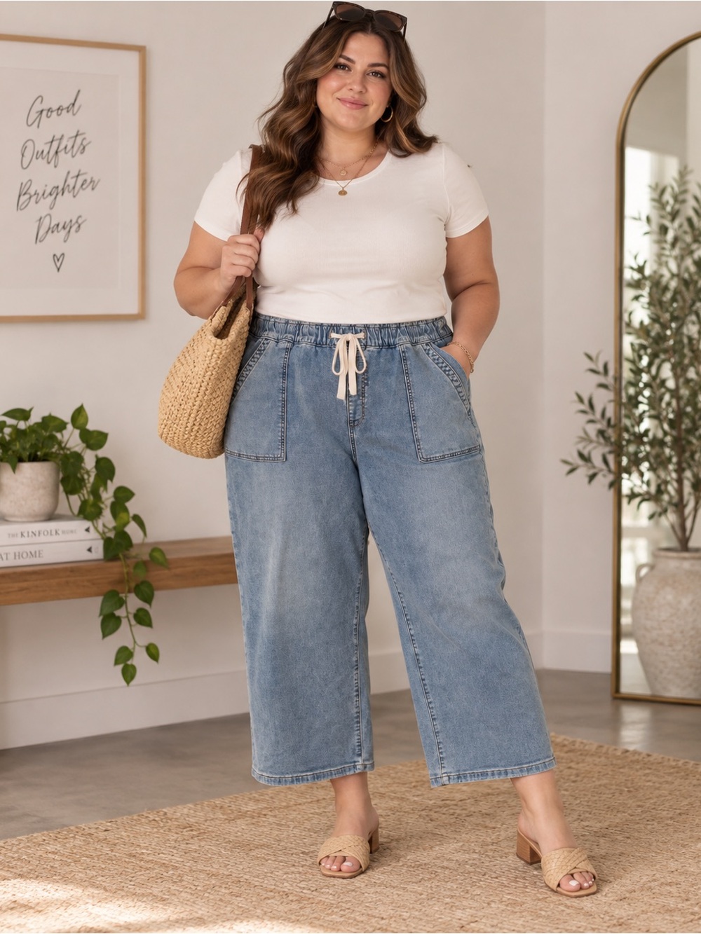 Lane Bryant Light Blue Wide Leg Drawstring Jeans